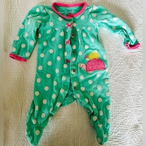 Carters pajamas. Turquoise with white polka dots, pink trim & turtle appliqué.